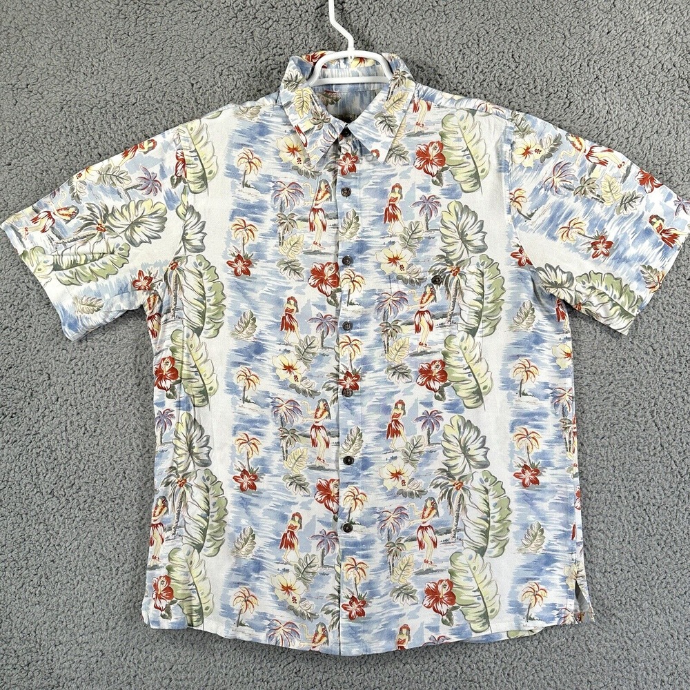 Batik Bay Shirt Mens M Blue Hawaiian Hula Girl Floral Rayon Beach Vacation Aloha